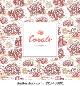 Design concept with lettering and place for text with coral background from corals and sea elements drawn by hand isolated on white background.