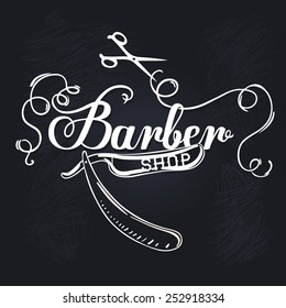 Design concept for logo, badge, label, for a hipster barbershop on a blackboard.