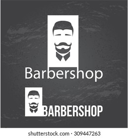 Design concept of the logo, badge, label,. Barbershop men's hipster hairdresser. Chalk drawing on chalkboard