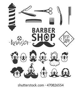 design concept of the logo, badge, label, on Barbershop men's hipster hairdresser and collection barbershop tool, different hairstyles
