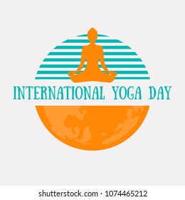 Design concept logotype for the International Yoga day with planet Earth and lotus pose silhouette. Vector illustration.