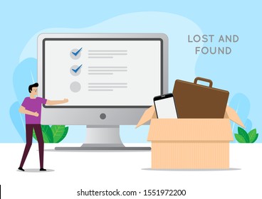 The design concept Man using computer to look for lost and found. Vector illustration