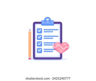 A Design Concept of Medical Check Up. medical examination report. symbols of pencil, clipboard, heart and heartbeat. symbol or icon. Minimalist 3D concept illustration design. graphic elements. Vector