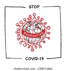 Design concept of Medical, social, economic and financial information agitational poster against coronavirus epidemic with text Stop Covid-19 Sketch style Vector Illustrations