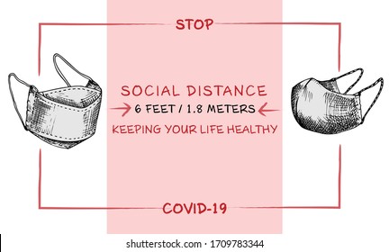 Design concept of Medical, social nformation agitational poster against coronavirus epidemic with text Stop Covid-19 Social distance Keeping your life healthy Sketch Vector