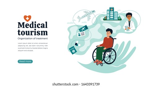 Design concept for medical tourism agency. Vector illustration with Earth, atlas, helping hand. Disabled man in wheelchair searching for clinic and doctor. Organization of treatment all over the world