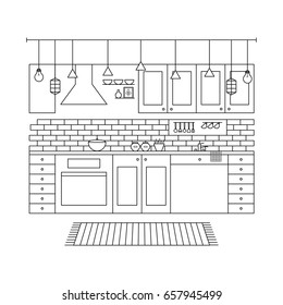 Design Concept of Minimalist Modern Kitchen Set. Line Vector Illustration.