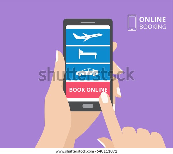 Design concept of mobile phone booking\
application. Hand holding smartphone with icons of hotel, flight,\
car and book online button on\
screen.