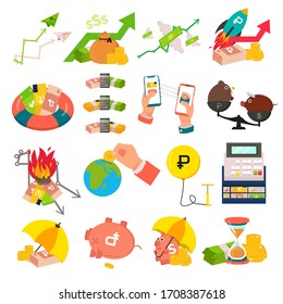 Design concept of money exchange for leaflet, annual report, presentation. Vector set of money exchange: euro, dollar, rouble. Vector collection of icon, symbol: piggy bank, ATM, money, hand, coin
