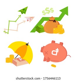Design concept of money exchange for leaflet, annual report, presentation. Vector set of money exchange: euro, dollar, rouble. Vector collection of icon, symbol: piggy bank, ATM, money, hand, coin