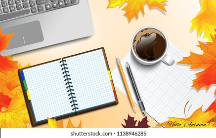 Design Concept of Office Workspace with autumn theme. Vector Illustration. Computer, notebooke, pencil, cup of coffee and pen on the table. Used clipping and opacity masks.