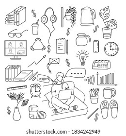 Concepto de diseño sobre el tema Trabajar desde casa. Conjunto de ilustraciones vectoriales aisladas en fondo blanco. Doodle