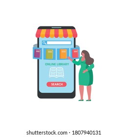 Design concept of online library, Bookstore.  App for buying, reading and downloading books. Vector illustration with miniature people for website design or landing web page