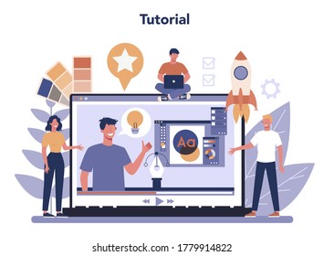 Diseñar el concepto de servicio en línea o plataforma. Diseño gráfico, web, de impresión. Tutorial de video en línea. vector de ilustración plana