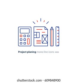 Design concept plan, project calculation, vector mono line icons