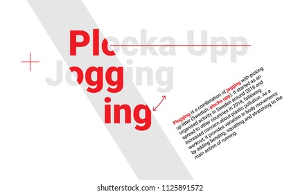Design concept of plogging word origination with highlighted word "plogging" as a main element. Textual vector illustration for printing and web isolated on white backfround.