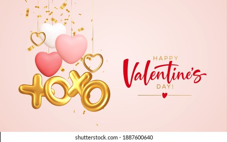 Design Concept For A Poster Background For Valentines Day With Gold, Red Different Heart Shapes And An Inscription Xoxo From Gold Foil Balloons. Vector Illustration EPS10