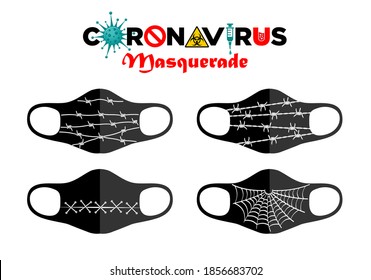 Design concept of printing on reusable protective masks. Entertainment during the coronavirus quarantine. Barbed wire, patch, spider web. Illustration, vector