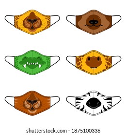 Design concept of printing on reusable protective masks. Set of funny children's masks with animal faces. Vector illustration.