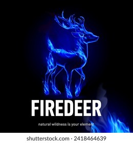 Design concept: Realistic blue fire flames on black background with a silhouette deer emitting sparks