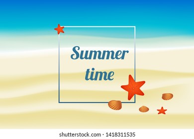 Design concept with sandy beach background and blue sea water. Also on the background sea stars and shells lie on the sand Applicable for banners or boards for travel companies