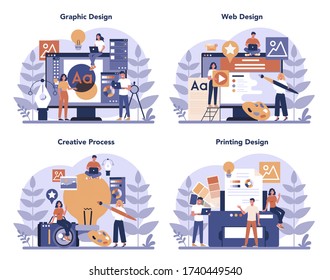 Design Concept Set. Grafik, Web, Druckdesign. Digitales Zeichnen mit elektronischen Werkzeugen und Geräten. Kreativitätskonzept. Flachbildvektor