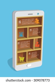 Design concept smart pone with shelves and business icons.