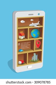 Design concept smart pone with shelves and business items.