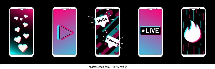 Design concept with smartphones in the style of social networks. Hello, Follow me, Hearts, Live - basic social network expressions. Mobile app template. Vector illustration