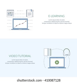 Design concept for studying, learning, distance and online education, video tutorials. Flat line web banners, icons. Vector illustration
