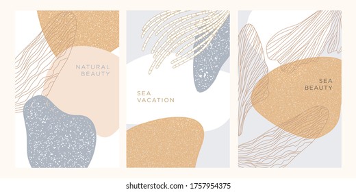 Design concept templates on the theme of the sea, relaxation and beauty.
Can be used for invitations, banners in social networks, promotions. Vertical format. Vector illustration