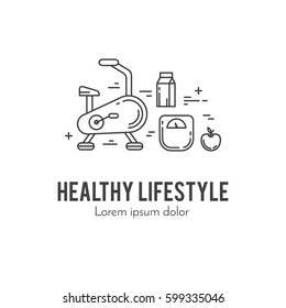 Design concept with thin line icons of healthy living lifestyle, food and fitness training elements. Outline logo template isolated on white background.