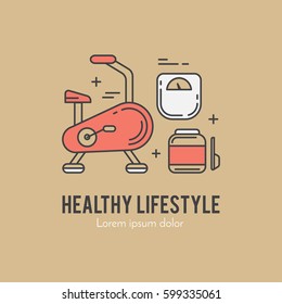 Design concept with thin line icons of healthy living lifestyle, food and fitness training elements. Outline logo template isolated on color background.