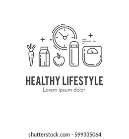 Design concept with thin line icons of healthy living lifestyle, food and fitness training elements. Outline logo template isolated on white background.