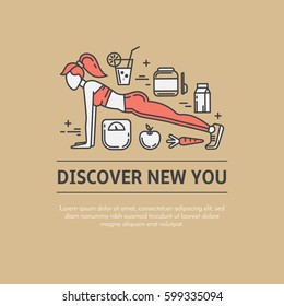 Design concept with thin line icons of healthy living lifestyle, food and fitness training elements. Outline logo template isolated on color background.