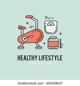Design concept with thin line icons of healthy living lifestyle, food and fitness training elements. Outline logo template isolated on color background.