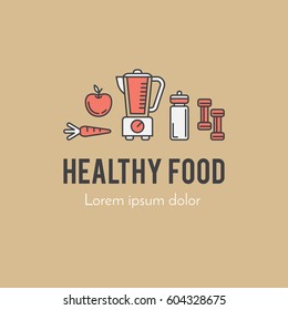 Design concept with thin line icons of healthy living lifestyle, food and fitness training elements. Outline logo template isolated on color background.