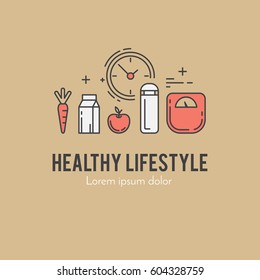 Concepto de diseño con íconos delgados de estilo de vida saludable, alimentos y elementos de entrenamiento de fitness. Plantilla de logotipo de esquema aislada en fondo de color.