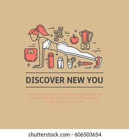 Design concept with thin line icons of healthy living lifestyle, food, fitness training elements. Ideal layout for World Health Day, healthy lifestyle. Outline template isolated on white background.