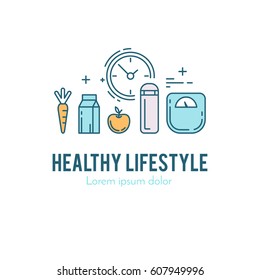 Design concept with thin line icons of healthy living lifestyle, food and fitness training elements. Outline logo template isolated on white background.