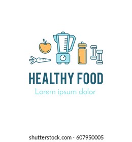 Design concept with thin line icons of healthy living lifestyle, food and fitness training elements. Outline logo template isolated on white background.