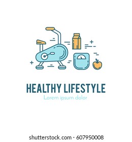 Design concept with thin line icons of healthy living lifestyle, food and fitness training elements. Outline logo template isolated on white background.
