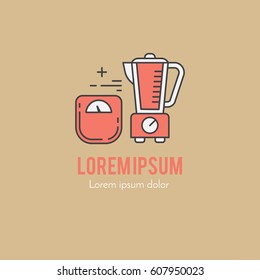 Design concept with thin line icons of healthy living lifestyle, food and fitness training elements. Outline logo template isolated on color background.
