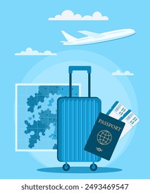 Concepto de diseño para viajes, viajes turísticos, viajes aéreos, turismo, vacaciones y viajes de negocios. Equipaje, maleta, pasaporte, billetes, mapa y avión. Anuncio de Ilustración vectorial en color azul.