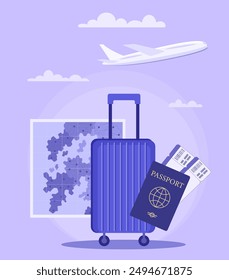 Design concept for travel, tourist trip, air travel, tourism, vacation and business trip. Luggage, suitcase, passport, tickets, map and plane. Vector illustration banner in blue color.