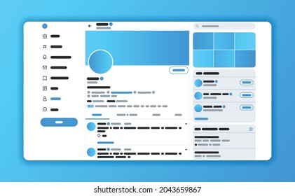 Design concept for Twitter website layout and user interface development. Mock up social network page. Vector illustration in flat style. UI UX template.