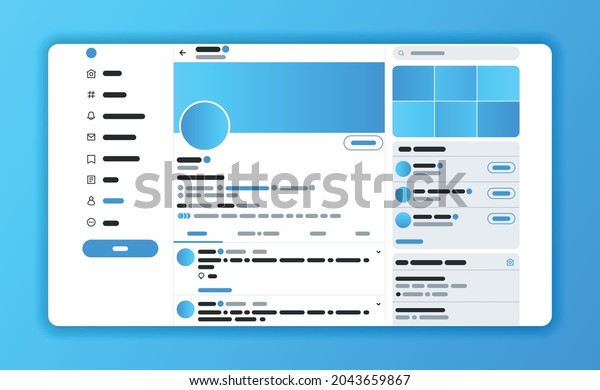 Design concept for Twitter website layout\
and user interface development. Mock up social network page. Vector\
illustration in flat style. UI UX\
template.