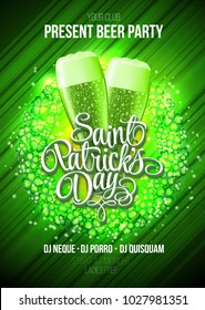Design concept with two beer glasses and lettering: St. Patrick's Day. Perfect for advertising, invitation, poster, greeting card, banner, celebration, restaurant and bar menu. Vector illustration.