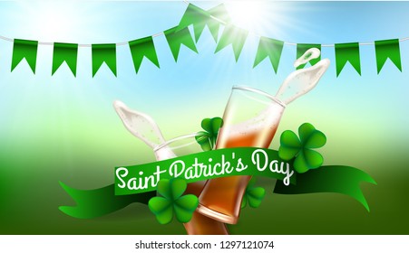 Design concept with two beer glasses and inscription St. Patrick's Day. Perfect for advertising, invitation, poster, greeting card, banner, celebration, restaurant and bar menu. Vector illustration.