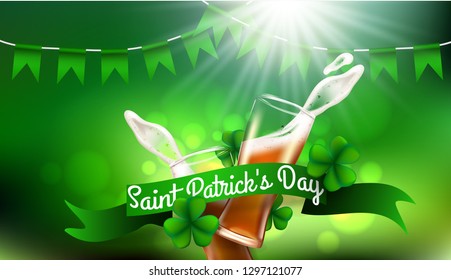 Design concept with two beer glasses and inscription St. Patrick's Day. Perfect for advertising, invitation, poster, greeting card, banner, celebration, restaurant and bar menu. Vector illustration.